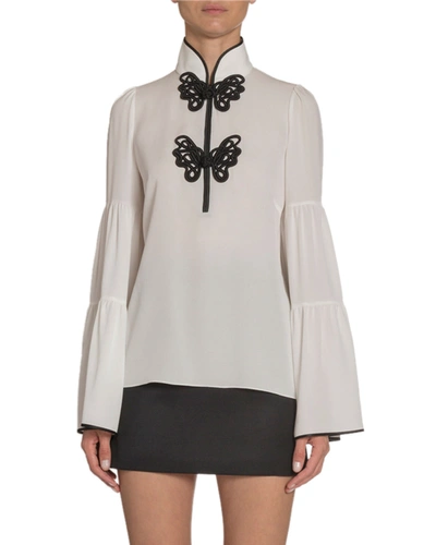 Andrew Gn Butterfly Lace-embroidered Silk Blouse In White