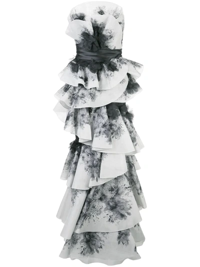 Marchesa Ombre Floral-print Strapless Tiered Gown In White