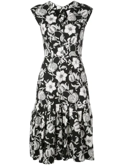 Carolina Herrera Floral-print Cap-sleeve Midi Dress In Black White