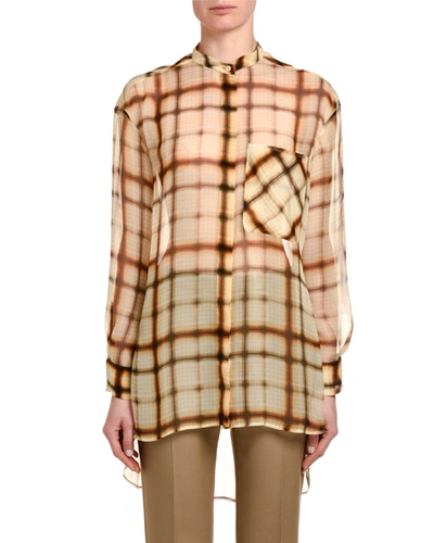 Agnona Plaid Silk Chiffon Button-front Oversized Blouse In Yellow Pattern