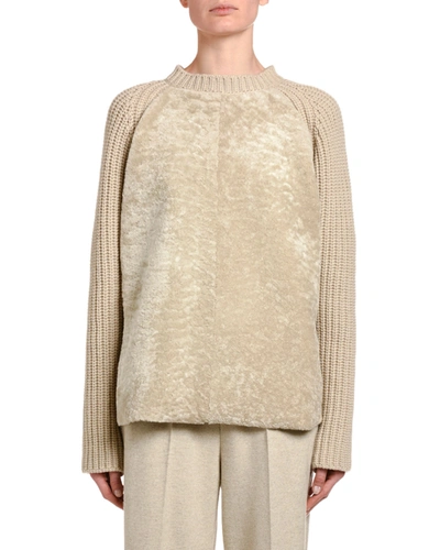 Agnona Ribbed Cashmere Shearling-front Sweater In Beige