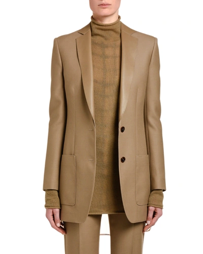 Agnona Leather-trim Wool Gabardine Jacket In Brown/gray