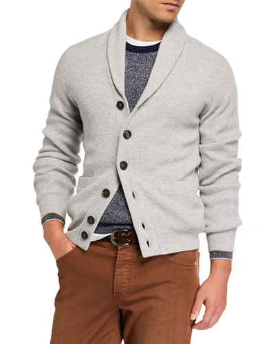 Brunello Cucinelli Men's Cashmere Shawl-collar Cardigan Sweater In Gray