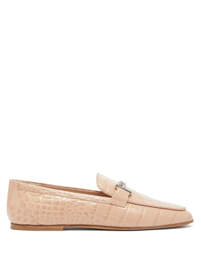 Tod's Double T-bar Crocodile-effect Leather Loafers In Beige