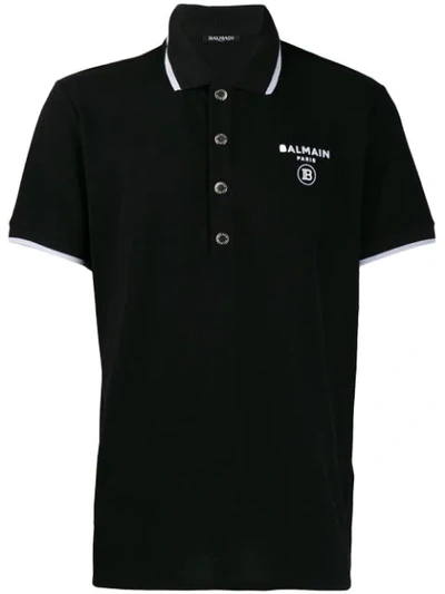 Balmain Embroidered Cotton Piqué Polo In Black