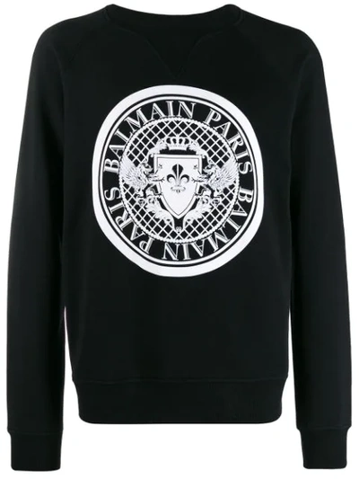 Balmain Flocked Logo-crest Cotton-jersey Sweatshirt In Black