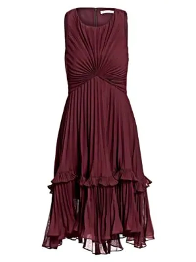 Halston Heritage Syrah Sleeveless Pleated Dress With Flounce Detail