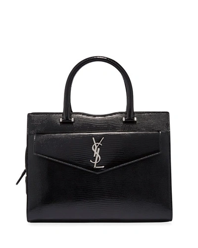 Saint Laurent Uptown Medium Ysl Lizard-embossed Satchel Bag In Black