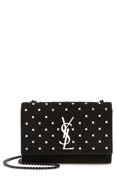 Saint Laurent Kate Small Monogram Ysl Leather Crossbody Bag With Crystals In Noir/ Cristal/ Neon White