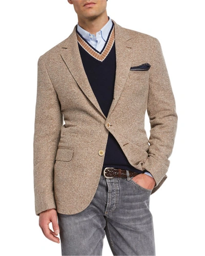 Brunello Cucinelli Men's Notch-lapel Three-button Herringbone Jacket In Beige