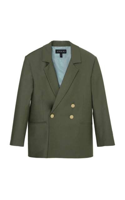 Anouki Double-breasted Wool-effect Blazer In Green