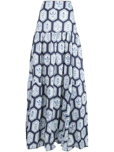 Agua By Agua Bendita Anis Printed Linen Maxi Skirt In Blue