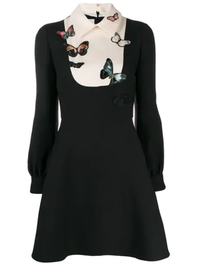 Valentino Butterfly Embroidered Long Sleeve Contrast Bib Minidress In Black