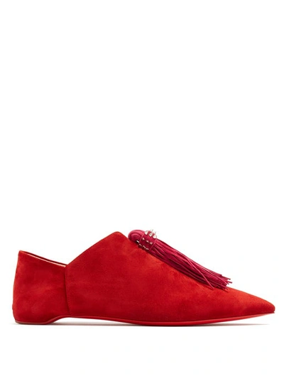 Christian Louboutin Medinana Fringed Suede Collapsible-heel Slippers In Red