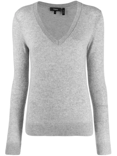 Theory V-neck Ribbed Jumper In Grey