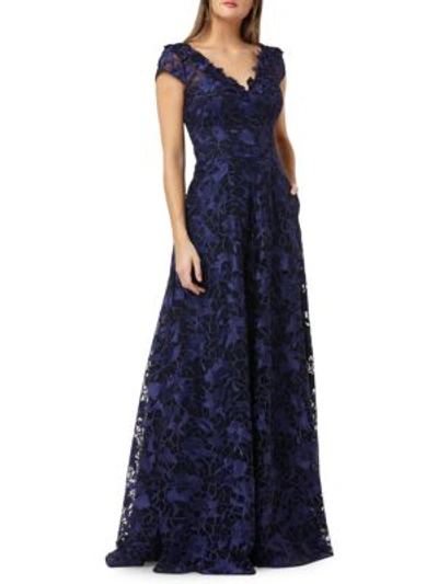 Carmen Marc Valvo Infusion Floral Lace Cap-sleeve Ballgown In Navy