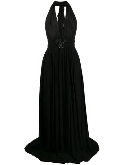 Dundas Plunge Beaded Brooch Gown In Black