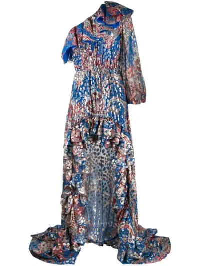 Dundas Lurex Printed One-shoulder Maxi Dress In Blue