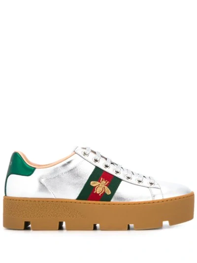 Gucci New Ace Metallic Leather Bee Thick-sole Sneakers In Grey
