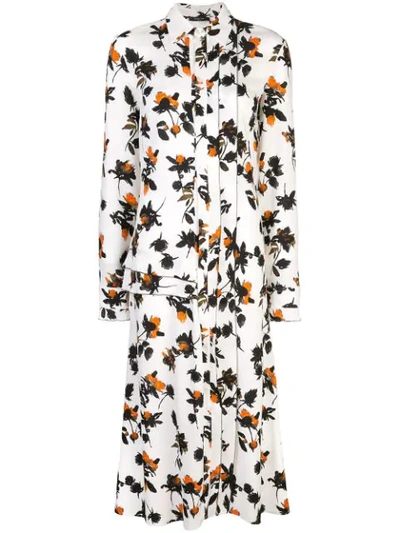 Derek Lam Floating Floral Long Sleeve Maxi Shirt Dress With Pleats In White