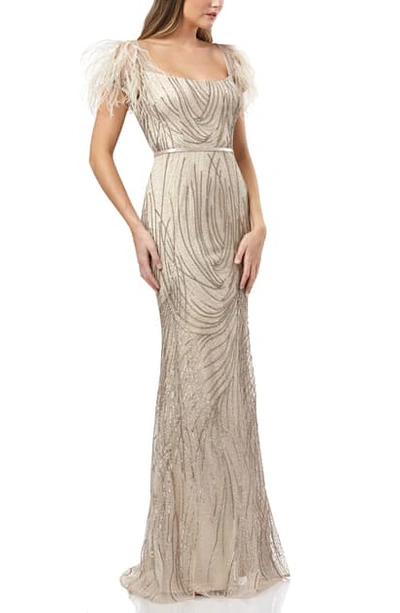 Carmen Marc Valvo Infusion Sequin Belted Mermaid Gown In Champagne
