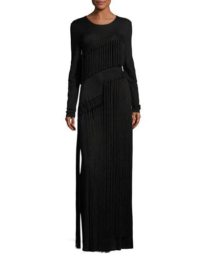 Opening Ceremony Long Sleeve Fringe Jersey Maxi Dress Black