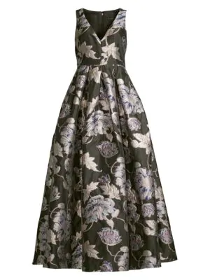 Aidan Mattox Floral Brocade V-neck Sleeveless Ball Gown In Aubergine | ModeSens