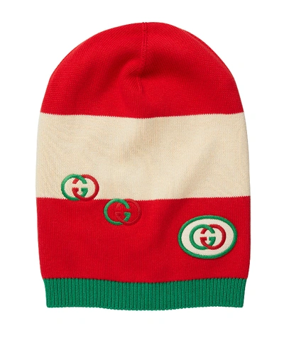 Gucci Men's Logo-applique Tricolor Beanie In Red/white