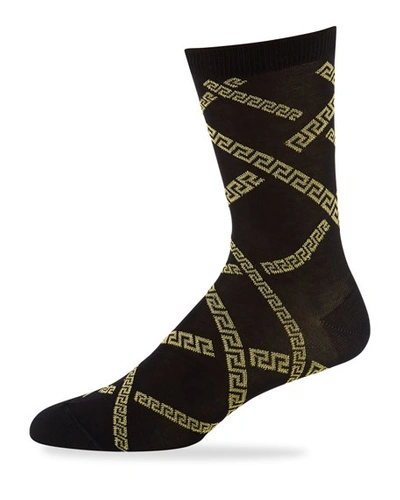 Versace Men's Greek Key Short Socks In Black/gold