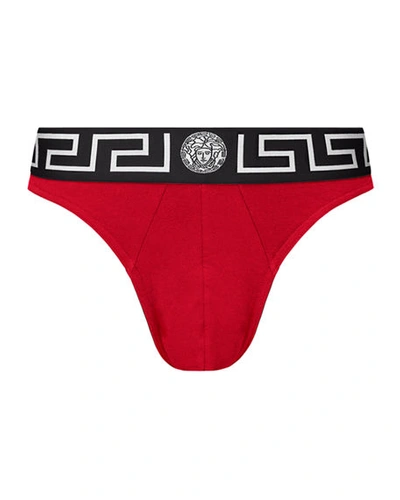 Versace Greek Key Low-rise Thong In Red Pattern