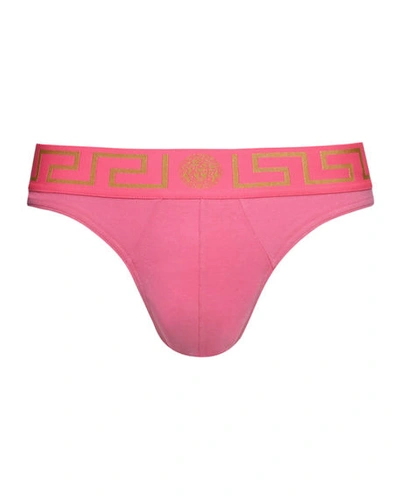 Versace Greek Key Low-rise Thong In Pink Pattern