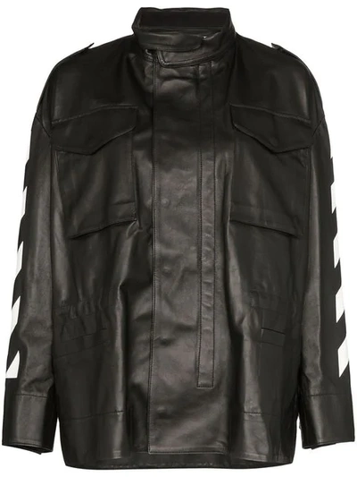 Off-white Logo Print High Neck Oversized Leather Jacket In Black