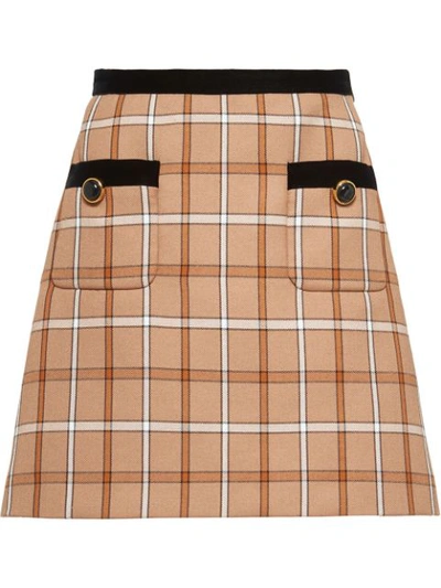 Miu Miu Velvet-trimmed Checked Woven Mini Skirt In Neutrals