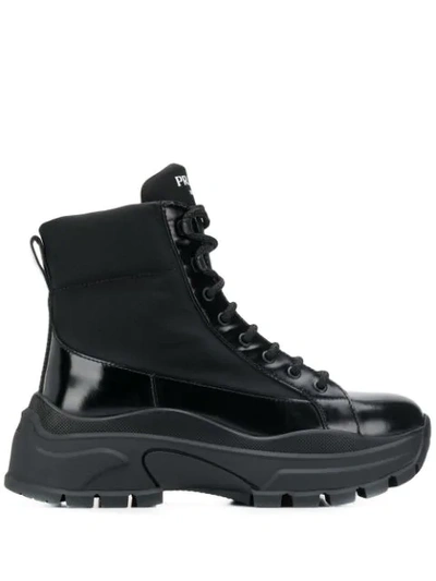 Prada Lace-up Canvas And Leather Boots In Black