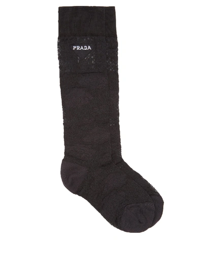 Prada Logo-intarsia Lace Socks In Nero
