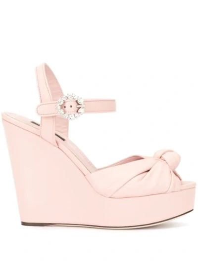 Dolce & Gabbana Leather Knotted Wedge Sandals 90 In Pink