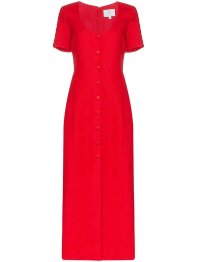 Rebecca De Ravenel Lots Of Love Button-detailed Linen Maxi Dress In Red