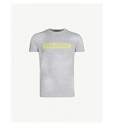Dsquared2 Distressed Logo-print Cotton-blend Jersey T-shirt In Grey Melange