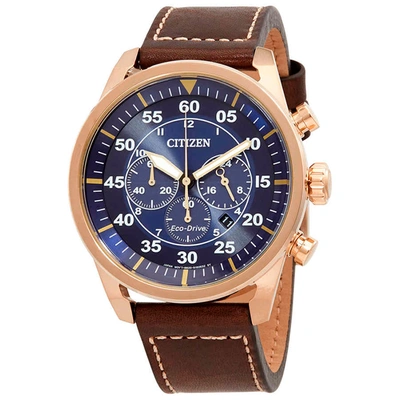 Citizen Eco-drive Men's Chronograph Avion Brown Leather Strap Watch 48mm In Blue / Brown / Gold Tone / Rose / Rose Gold Tone