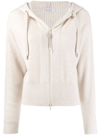 Brunello Cucinelli Ribbed Knit Hooded Cardigan In Neutrals