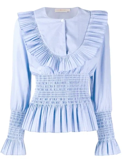 Tory Burch Smocked Ruffled Cotton Blouse In Blue