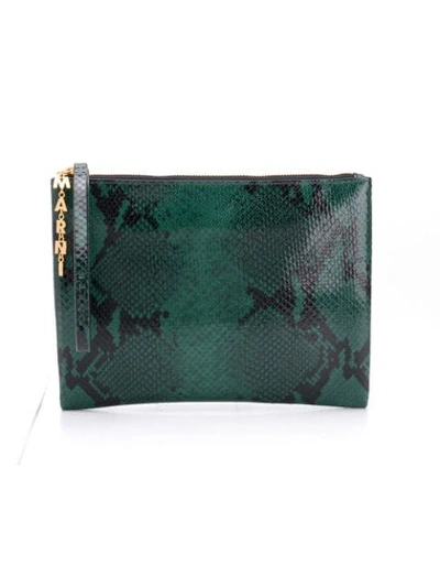 Marni Python Print Leather Pouch In Green