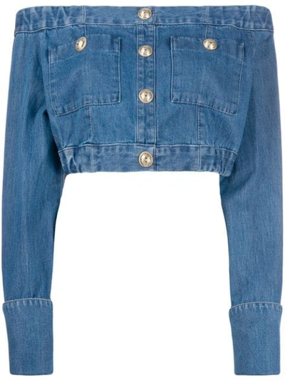 Balmain Off-the-shoulder Buttoned Cropped Top In 6fc Bleu