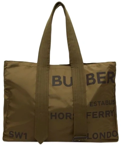 Burberry Belt Detail Horseferry Print Nylon Tote In Green