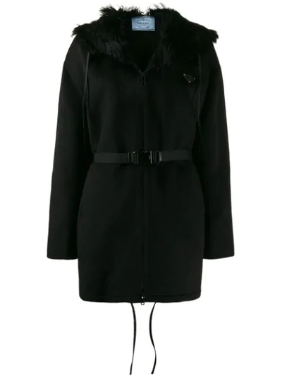 Prada Hooded Buckle Zip-up Jacket In Black