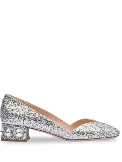 Miu Miu Crystal-heel Glittered Low Pumps In Silver