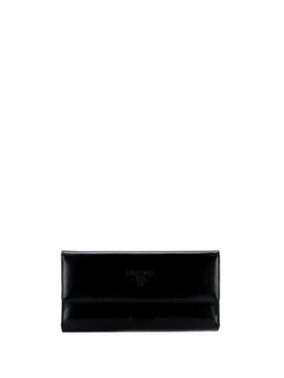 Pre-owned Prada Varnished Logo Continental Wallet In Black