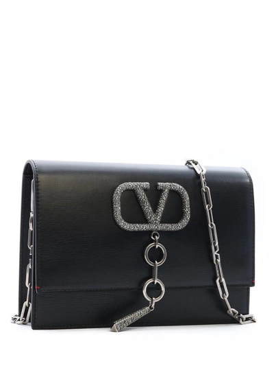 Valentino Garavani 'vcase' Swarovski Crystal Chain Small Leather Shoulder Bag In Black