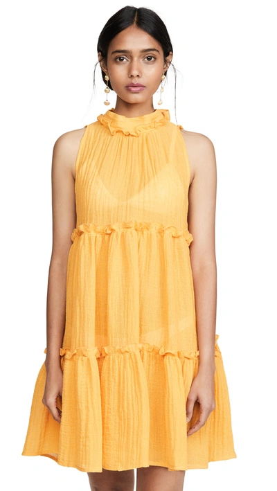 Lisa Marie Fernandez 'erica' Ruffle Tiered Pleated Linen Blend Sleeveless Dress In Gold