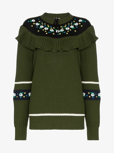 Miu Miu Floral Embroidered Bib Virgin Wool Sweater In Green